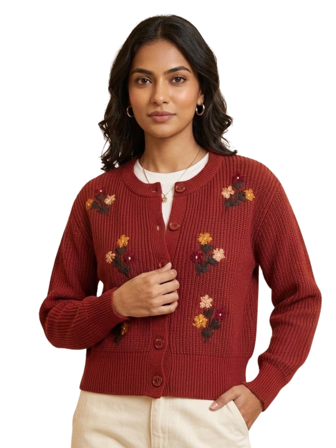 Women's Floral Embroidered Knit Cardigan, Round Neck, Button-Front, Long Sleeve Sweater-image-13
