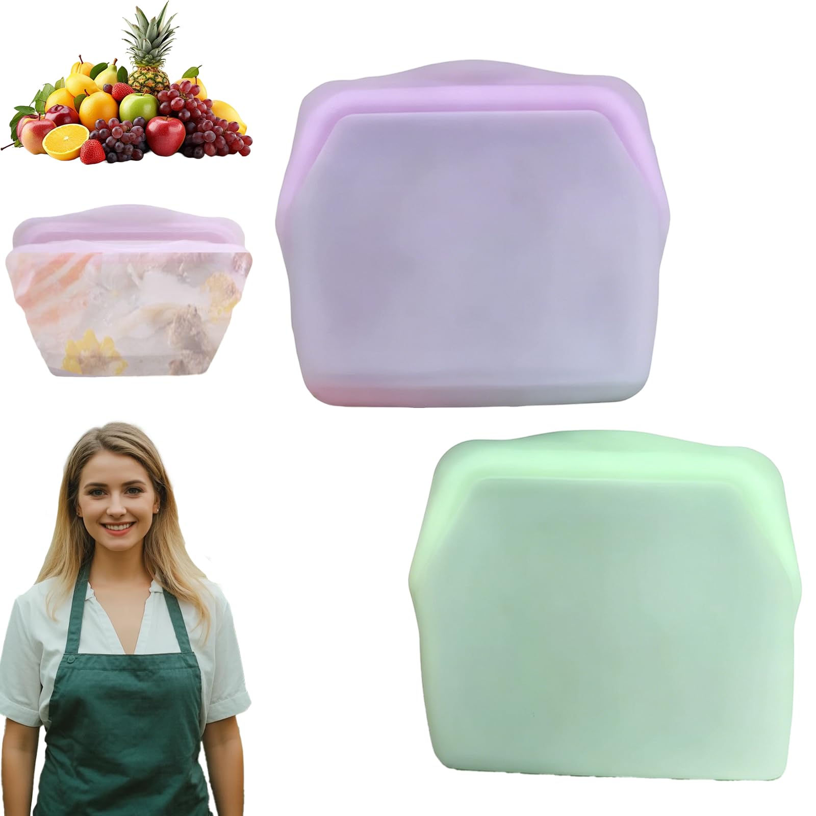Reusable Silicone Food Storage Bags, Reusable Leak-Proof Upright Freezer Bags, Silicone Food Bags, for Microwave, Dishwasher & Oven Safe (1purple1green)