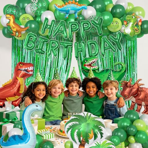 Image of Ouddy Life Dinosaur Balloons Birthday Party Decorations Fringe Curtain | 123Pcs Lime Green White Happy Birthday Dino Foil Balloons Garland Arch Kit for Boys Dino Jungle Safari Baby Shower Supplies