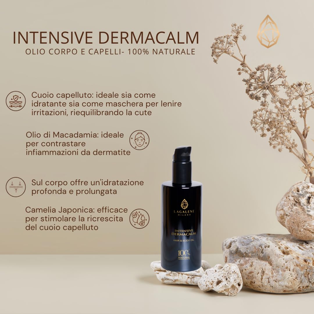 Lagalene Milano Intensive DermaCalm - Aceite 100% natural para cuero cabelludo, cabello, barba y cuerpo con efecto calmante, antienrojecimiento, antipicazón, revitalizador y anticelulitis, 200 ml