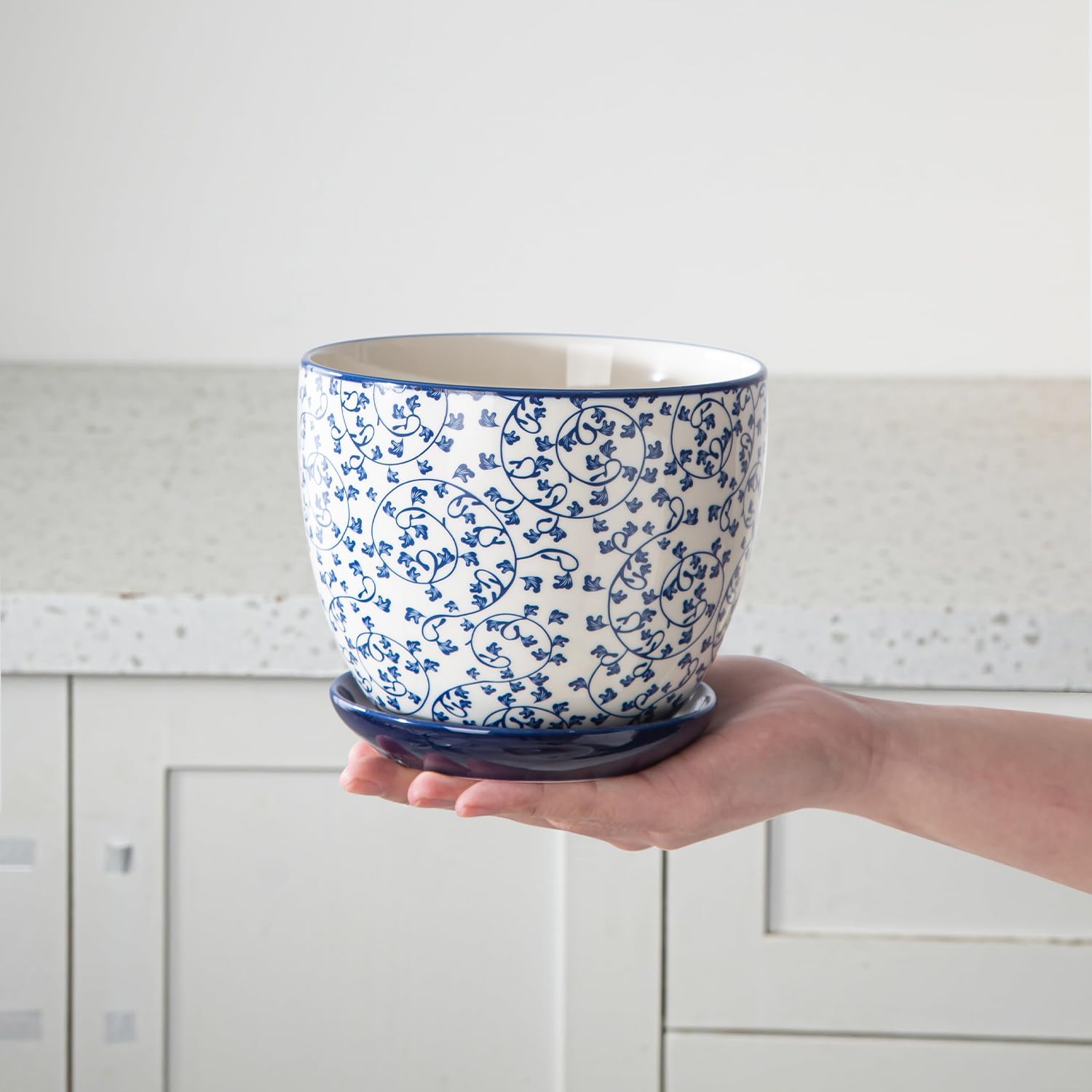 Ceramic Plant Pots - 5.6 Inch Flower Planters with Drainage Holes and Saucers for Indoor Plants Herbs, Succulent, Orchid, Cactus, Outdoor Plants, Home Decor, Set of 4, Vintage Blue