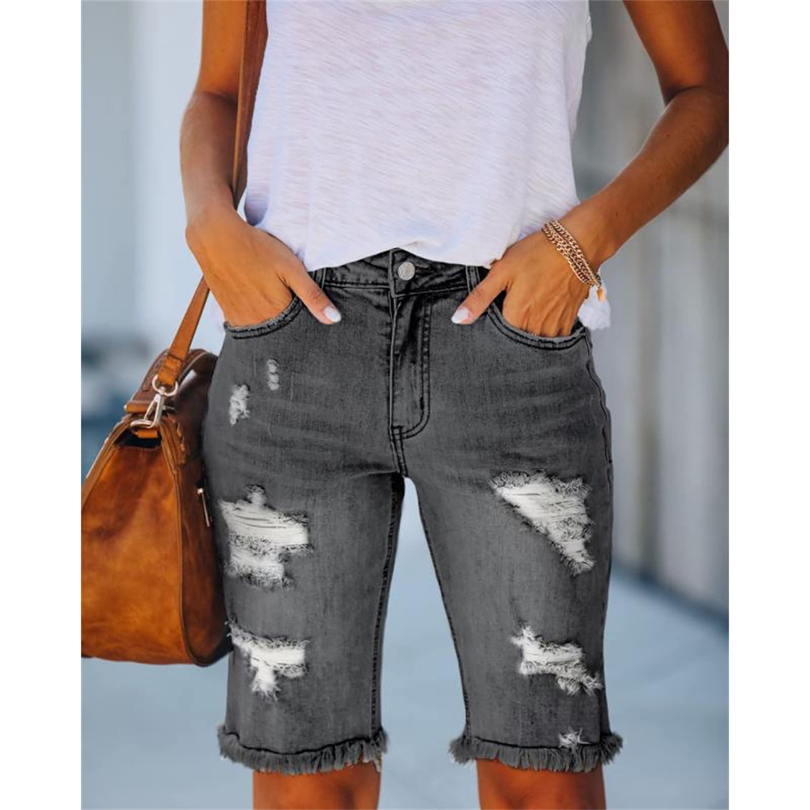 JEKE-DG Bermuda Jean Shorts for Women Stretchy Destroyed Raw Hem Shorts Jeans Casual Ripped Frayed Summer Short Jeans (XX-Large,Dark Grey)