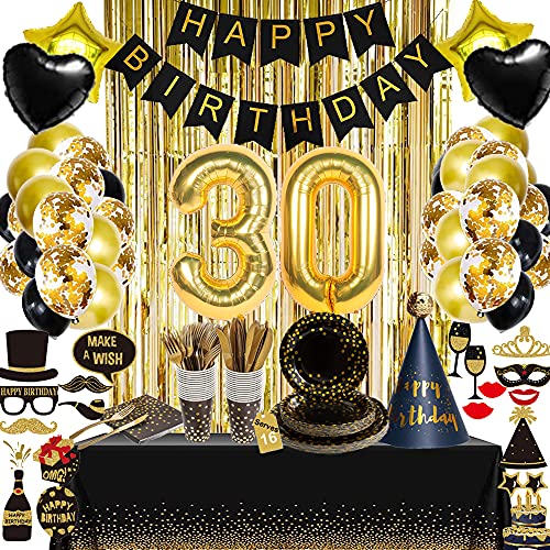 30th Birthday Decorations Black Gold Birthday Party Supplies Disposable Paper Plates Napkins Cups Knives Spoons Forks Tablecloth Banner Phpto Booth Props Gold Foil Fringe Curtains Number 30 Balloons for Men Woman (30th)