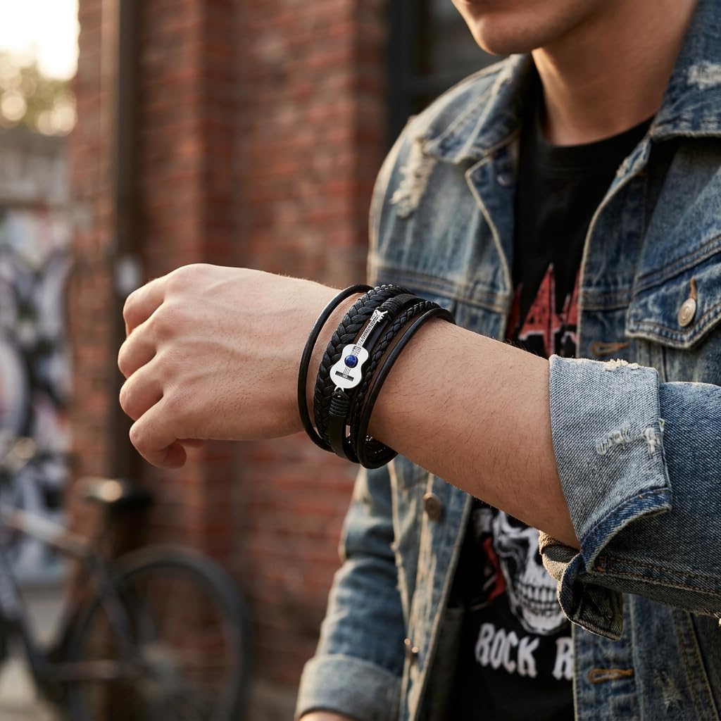 Mens Braided Leather Bracelets Handmade Cuff Bracelet Multi-Layer Cross Music Faith Gifts for Men