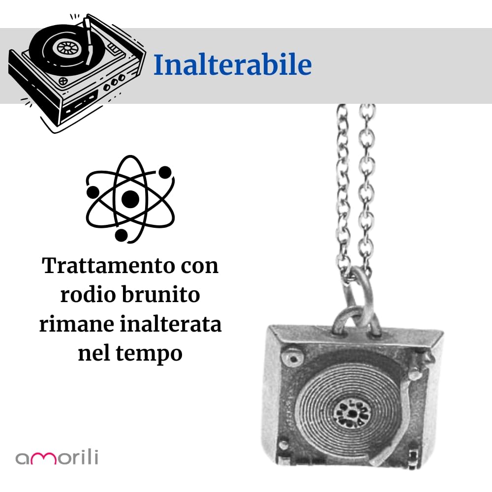Collana Uomo Donna con Giradischi Vintage – Ciondolo in Argento 925 Invecchiato – Idea Regalo Amanti Musica Vinile Rock Retro - cln0188