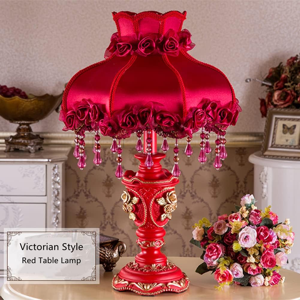 Red Victorian Lamp Antique Fabric Table Lamp European Pastoral Night Stand Lamp 1 Head Flower Floral Table Light with Beaded Fringe and Lace
