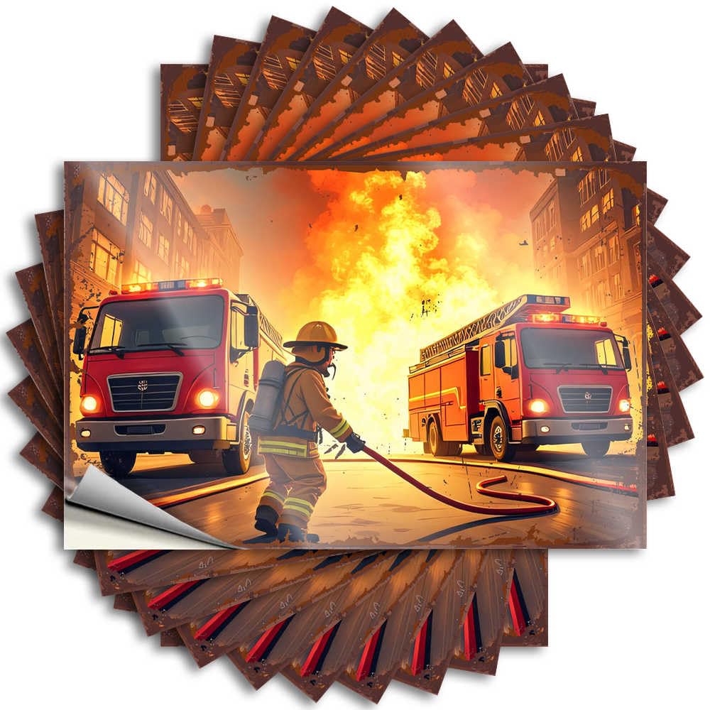 Firefighters Battle Blaze in Urban Emergency Scene Tattoo Small Room Decor | Tiny Bottle Removable Decal Pack(12X18CM)