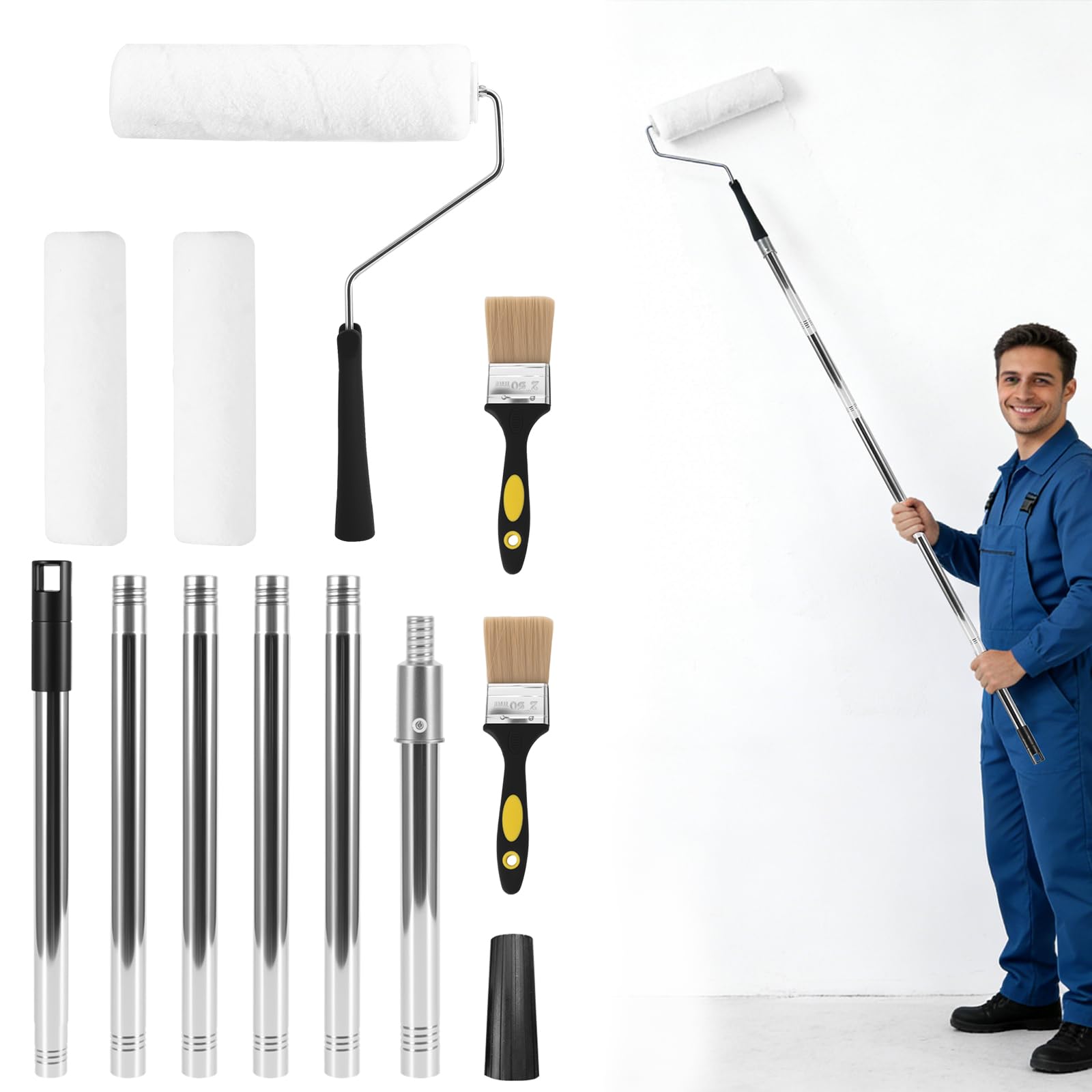 Zankeox 12 Pieces Paint Roller Set with 1.7m Extension Pole, 9 inch Painting Roller Set Long Handle Non Splash Paint Brush Roller Set Household Wall Painting Tool for Home Painting Walls and Ceiling