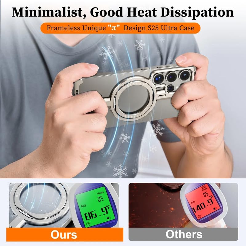 Image of Frameless 360 Rotatable Ring Metal Bumper Case with Kickstand for Samsung Galaxy S25 Ultra Case Compatible with Mag Charging | Luxury Aluminum Armor | Slim Premium Metal (Dessert)