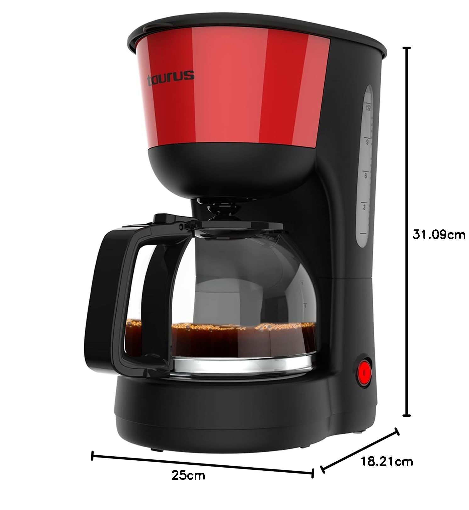 Taurus – Cafetera de Goteo Verona Vintage Red, 12 Tazas, 1000W, Jarra Cristal graduada, Depósito Agua Visible, Filtro Reutilizable, Auto Apagado, Placa calefactora