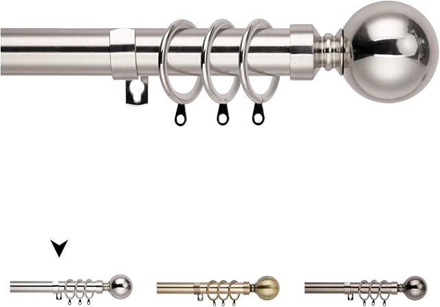 WL.Rocaille Curtain Pole Plain Metal Ball Extendable Curtain Pole 25/28mm Diamete / Adjustable Length from 70-130cm Single Curtain Rod Set (Brushed Chrome, 70-130cm, 28-50inch)