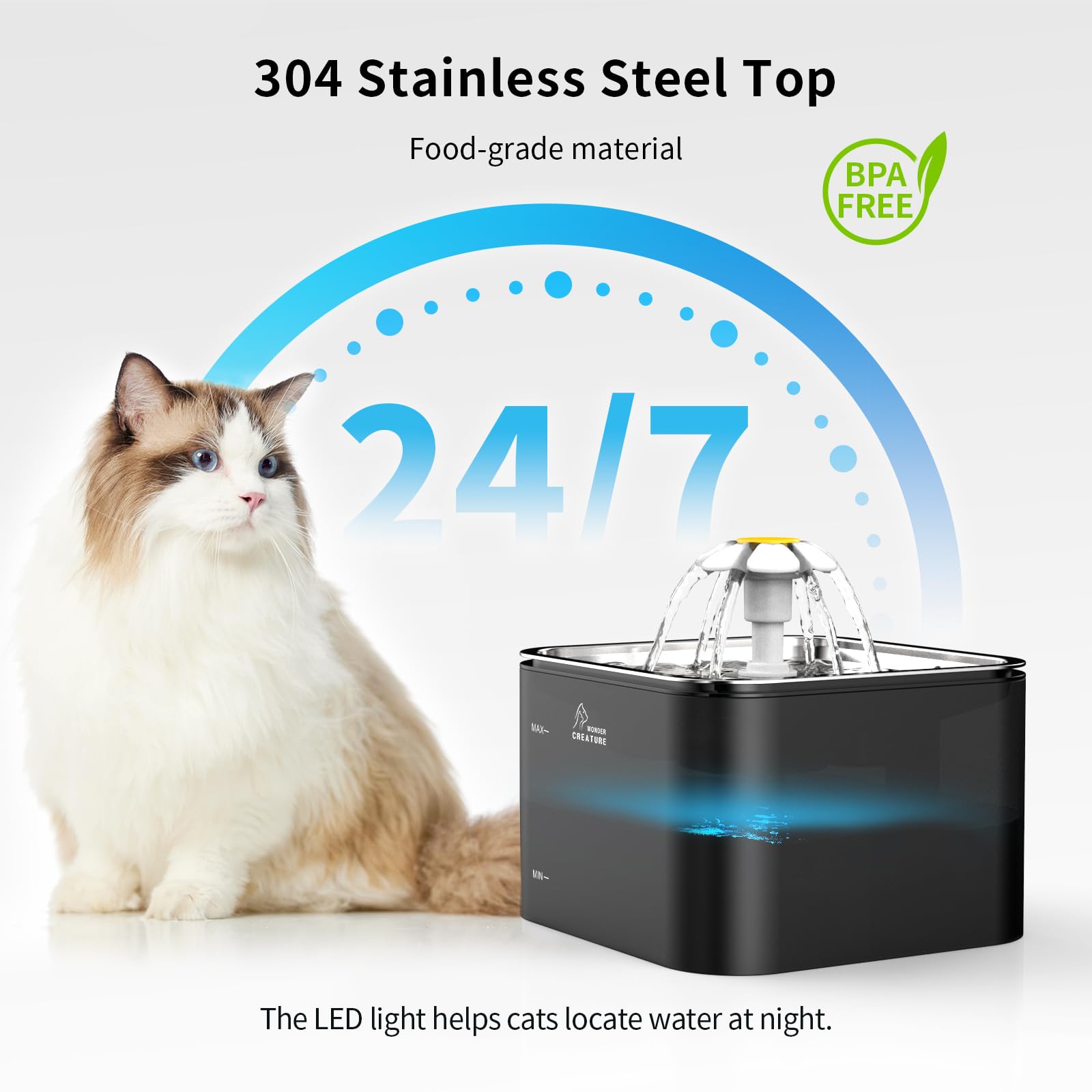 Crystal Cat Water Fountain Stainless Steel, 101oz/3L Pet Fountain with LED Light for Cats and Dogs (Blue) - image 2