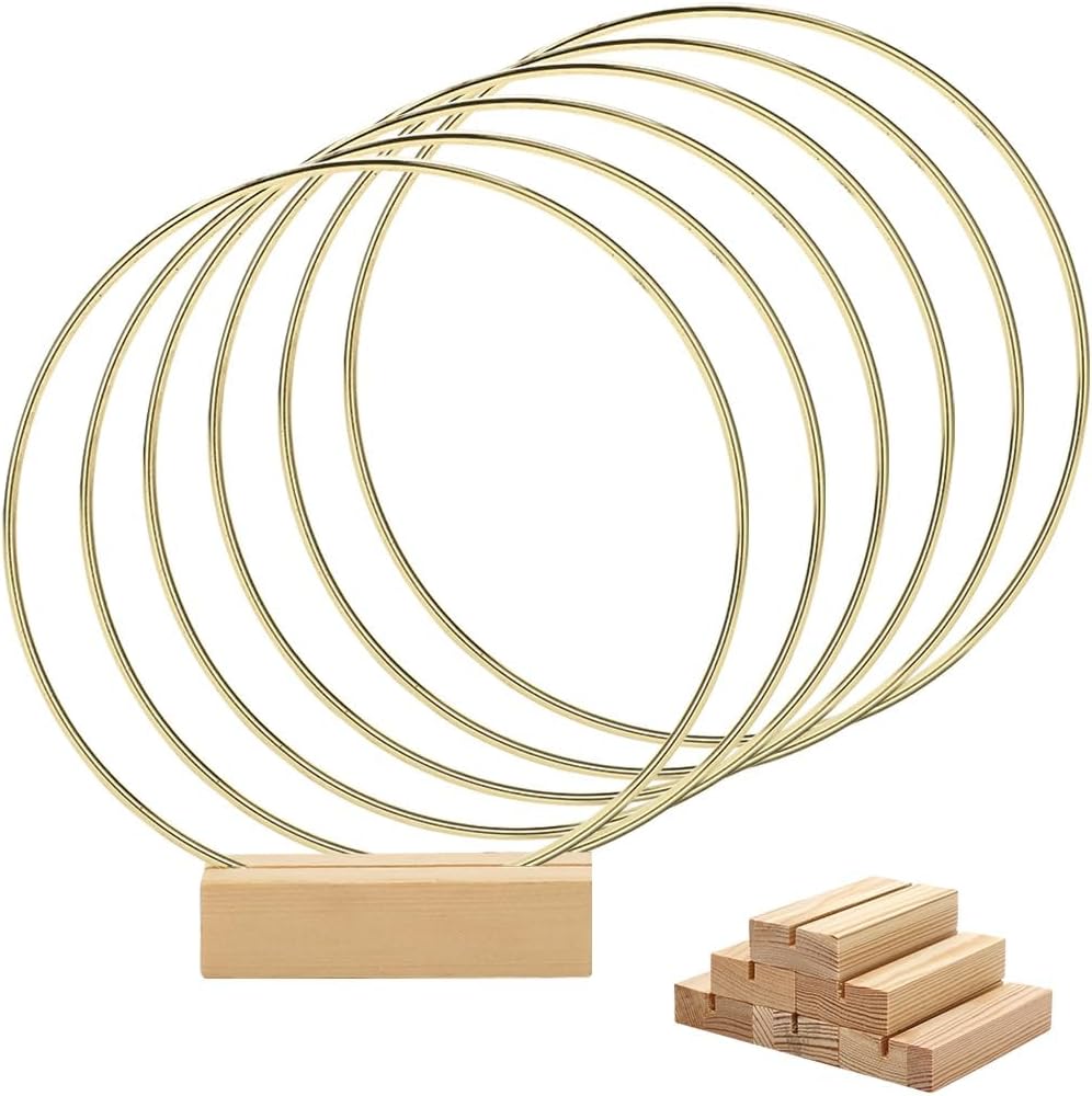 Worown 6 Pack 12 Inch Metal Floral Hoop Centerpiece, Gold Metal Rings with Wooden Stand for Table Decor, Wedding Wreath Decor, Wall Hanging and Dream Catcher Crafts