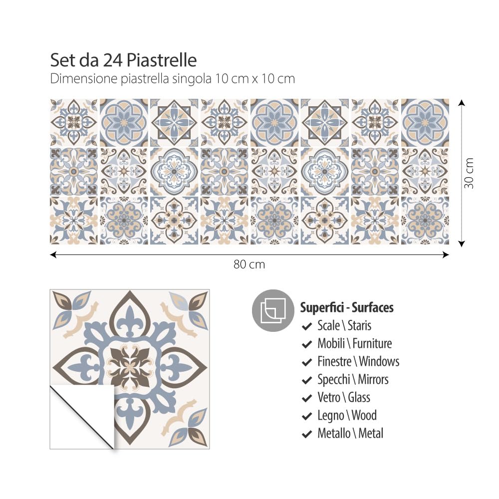 RE-COVERTILES - Adesivi per Piastrelle Bagno e Cucina 24 Pz 10x10 cm - PS00023 Decorazione murale in PVC impermeabile mattonelle mosaico stile cementine Azulejos