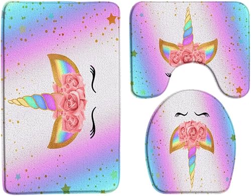 Miniatura 1 de Juego de 3 alfombras de baño con diseño de unicornio, arco iris, cabeza mágica, rosa, flor, romántico, niña, niña, niña, rosa, azul, caricaturas,