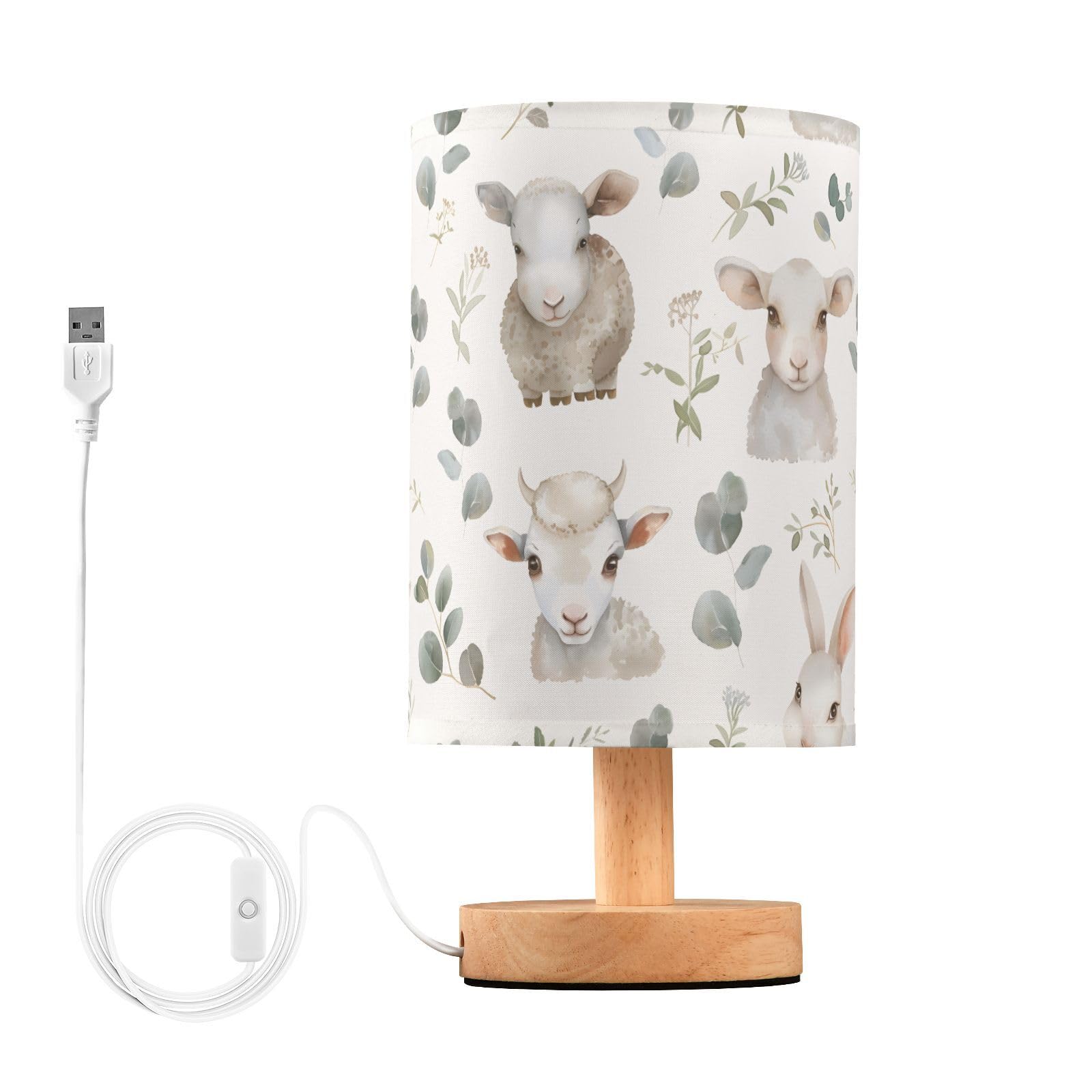 Mnsruu Bedside Table Lamp Leaves Flowers Cow Sheep Bedside Lamps LED Light Desk Lamp Fabric Shade Small Lamp for Bedroom Living Room (Bulb Included)