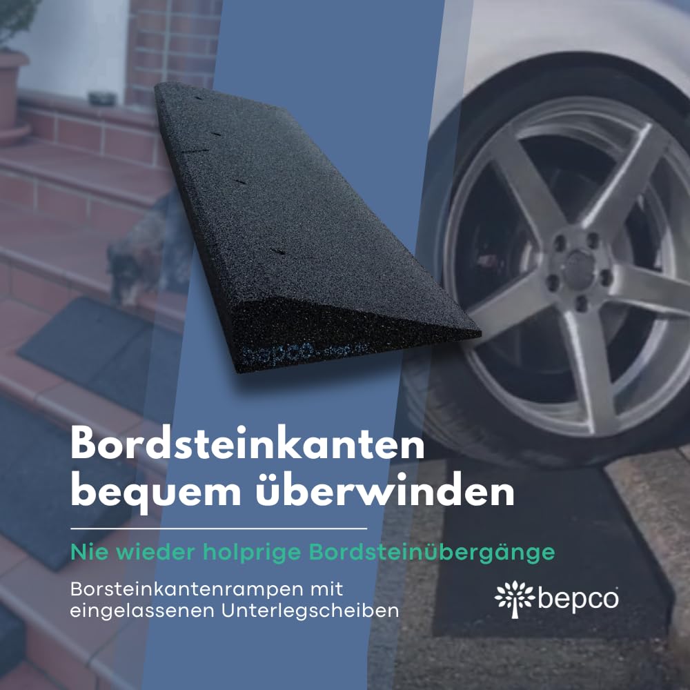 bepco Rampa para bordillos con inclinación en Ambos Lados, 100 x 25 x 10 cm, de Goma (Negro), rampa de umbral de Puerta, con Arandelas integradas en la rampa para su fijación.