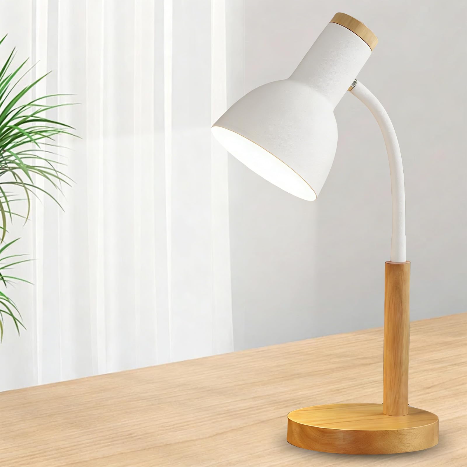 Leikurvo Lámpara de escritorio para niños, lámpara de mesa LED, lámpara de lectura E27, brazo ajustable, metal y madera, lámpara de noche de estilo nórdico para dormitorio, salón, estudio (blanco)