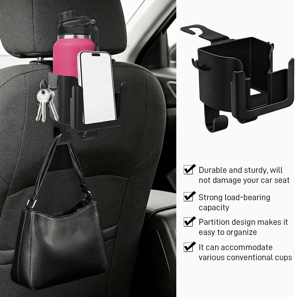 2PCS Multifunctional Car Cup Holder + Car Phone Holder + Car Purse Hook, Back Seat Cup Holders for Cars, Hanging Back Seat Car Organizer, Large Capacity Auto Accessories for Most Vehicles