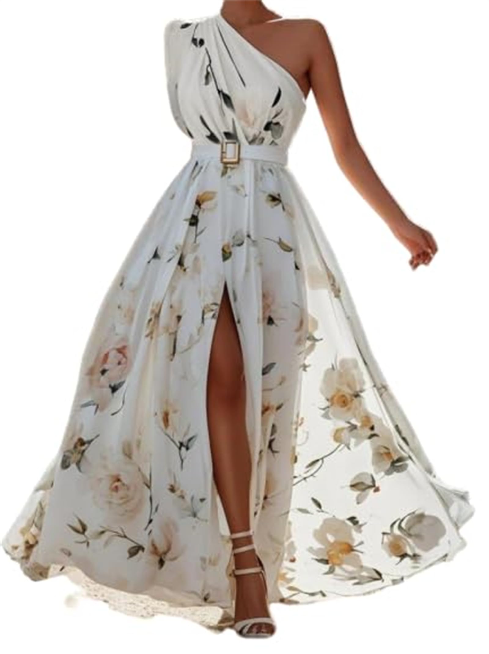 2026 abiti estivi da donna elegante floreale maxi abito monospalla con cintura spacco alto chiffon spiaggia matrimonio ospite