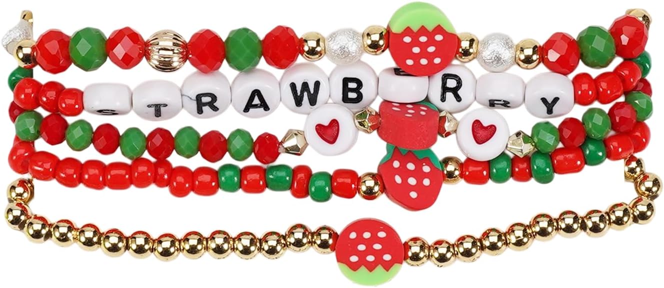 Bohemian Fruit Seed Beaded Bracelets Cute Funny Banana Pineapple Strawberry Grapy Colorful Beads Polymer Clay Stackable Bracelet for Women Summer Beach Friendship Jewelry Gift