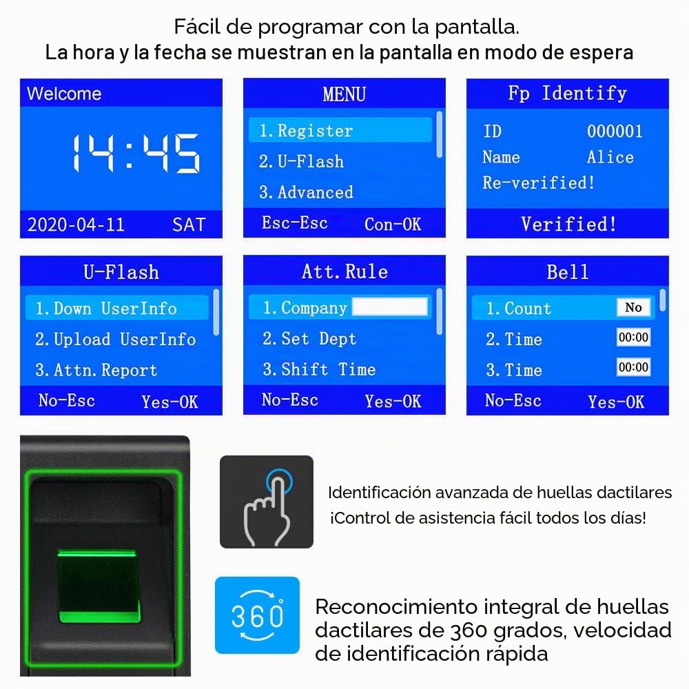 KDL Sistema Completo de Control de Acceso RFID Teclado Controlador de Huellas Dactilares, Fuente de alimentación DC12V / 3A, Cerradura eléctrica Tipo NO con Interruptor de Puerta, llaveros de 125KHz