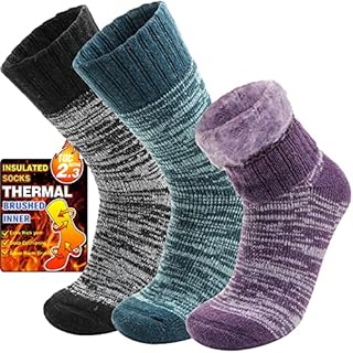 Welwoos Heated Thermal Socks for Women Winter Warm Ski Thick Boot Insulated Gift Socks Stocking Fillers for Women 3 Pairs (Purple & Blue & Grey B,M)