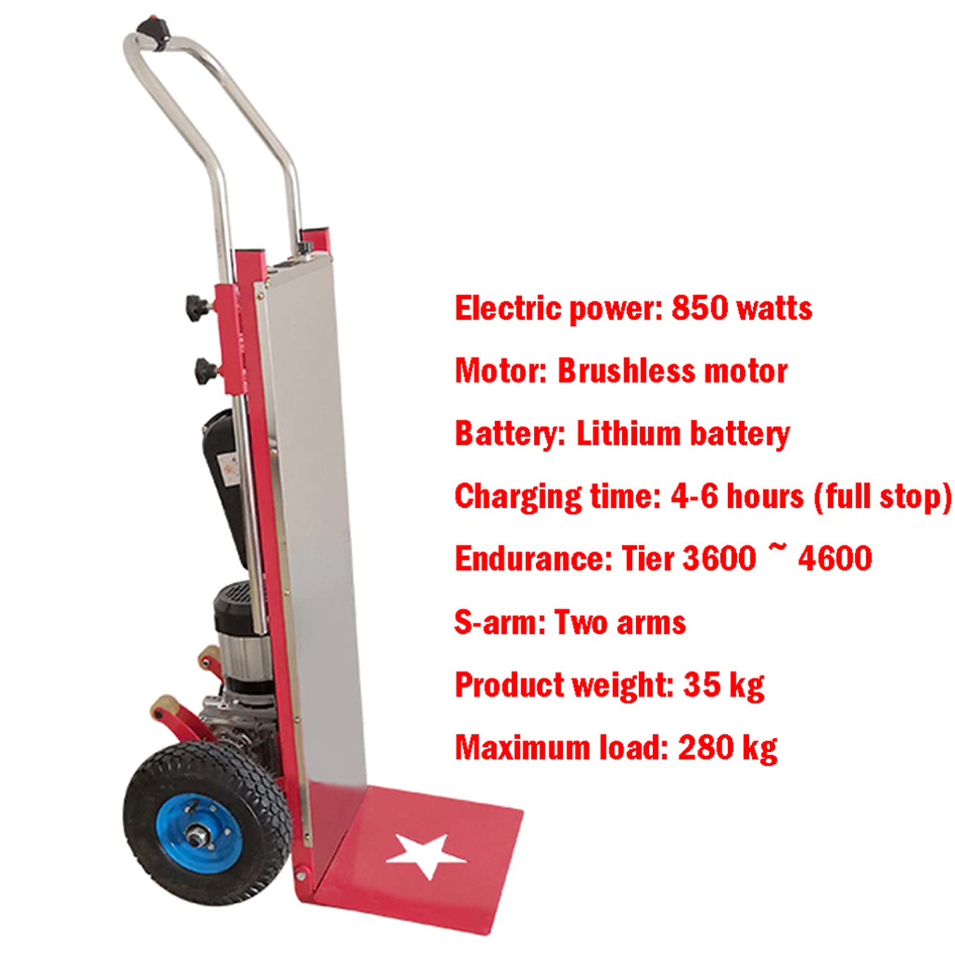 Elektryczny wózek do wspinaczki po schodach, pojemność 200 kg - silnik bezszczotkowy 800 W i wymienna bateria litowa 20 Ah/36 V - łatwy w obsłudze, czerwony