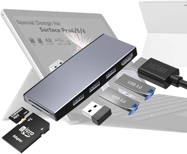Surface Pro Docking Station for Surface Pro 6 Pro 5 Pro 4 with HDMI Adapter 4K ,3 USB 3.0 Ports(5Gps),Build-in SD/TF(Micro SD) Card Reader Slot 6 in 1 Surface Pro Adapter for Surface Pro 6/5/4