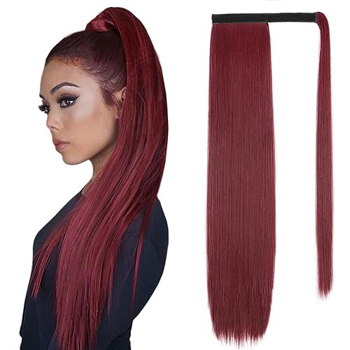 NANNAN Extensiones de cola de caballo color rojo vino de 24 pulgadas de largo rectas envolventes alrededor del cabello con clip para mujer