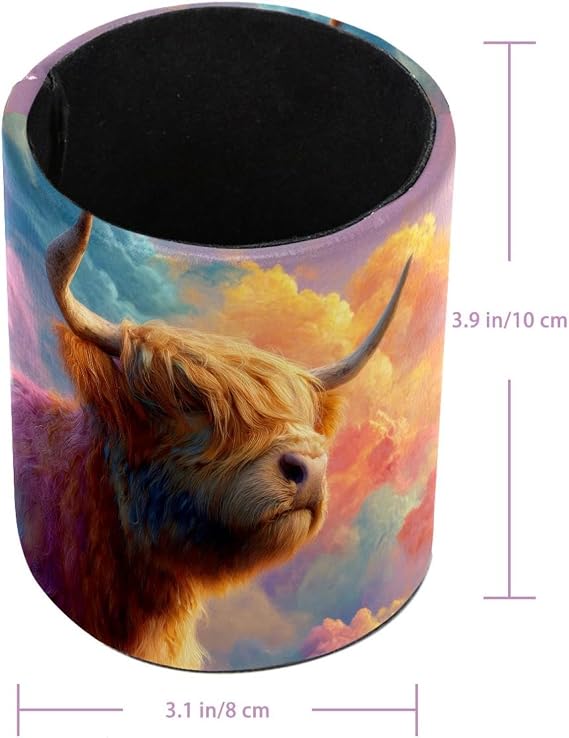 Rainbow Highland Cow Pen Holder for Desk, PU Leather Pencil Holder Pen Cup Marker Holder Makeup Brush Holders, Desk Accessories & Workspace Organizers for Home, Office