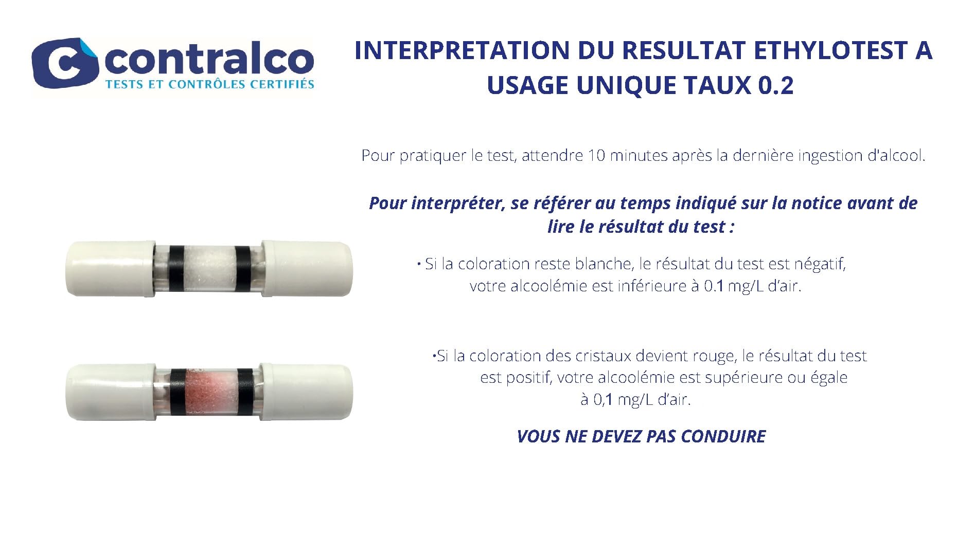 ETHYLOTEST Contralco NF X 20702 - Taux 0,2 g - Nouveaux conducteurs - Lot de 50 ex - sans Chrome - Produit français - Le Ballon - Validité 06/2028