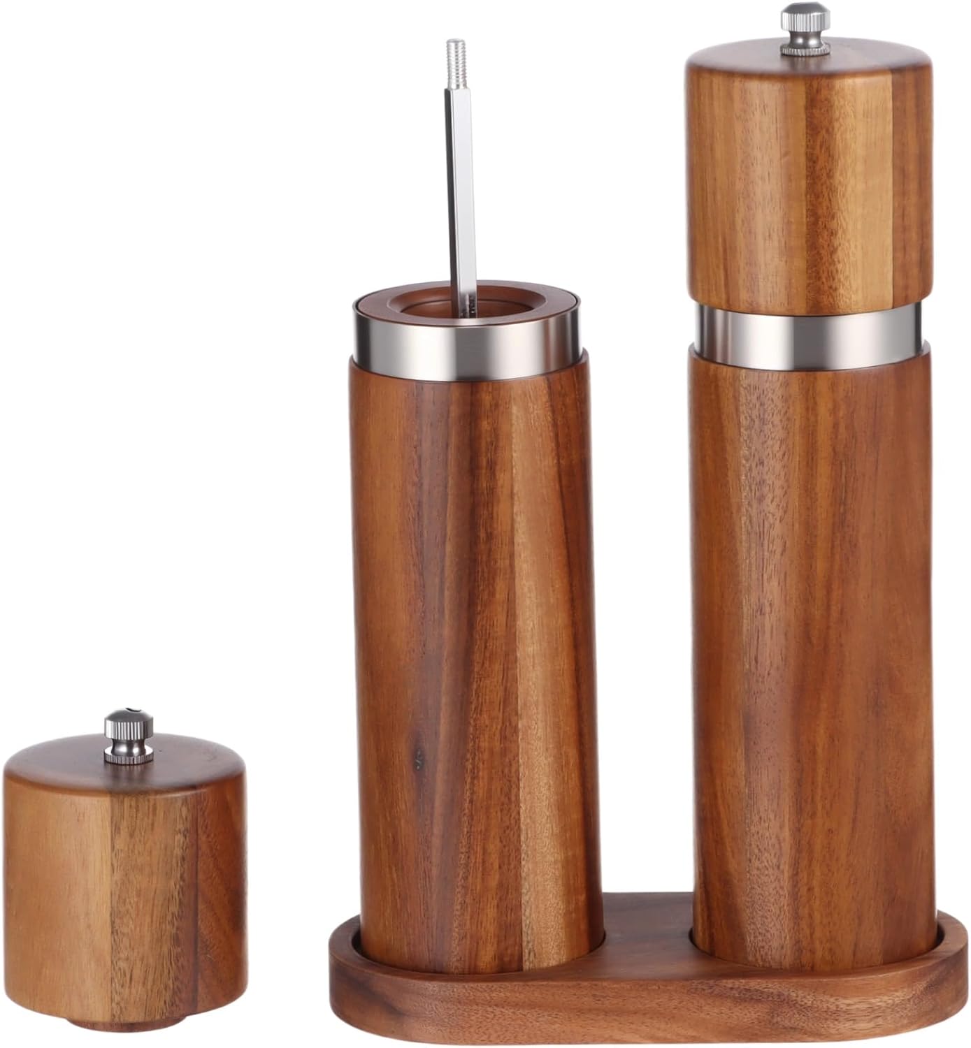 2 Pcs Wooden Salt and Pepper Grinder Set, Wood Pepper Shakers, Wooden Base, Refillable Sea Salt Grinder, 8.5 x 2.2 in