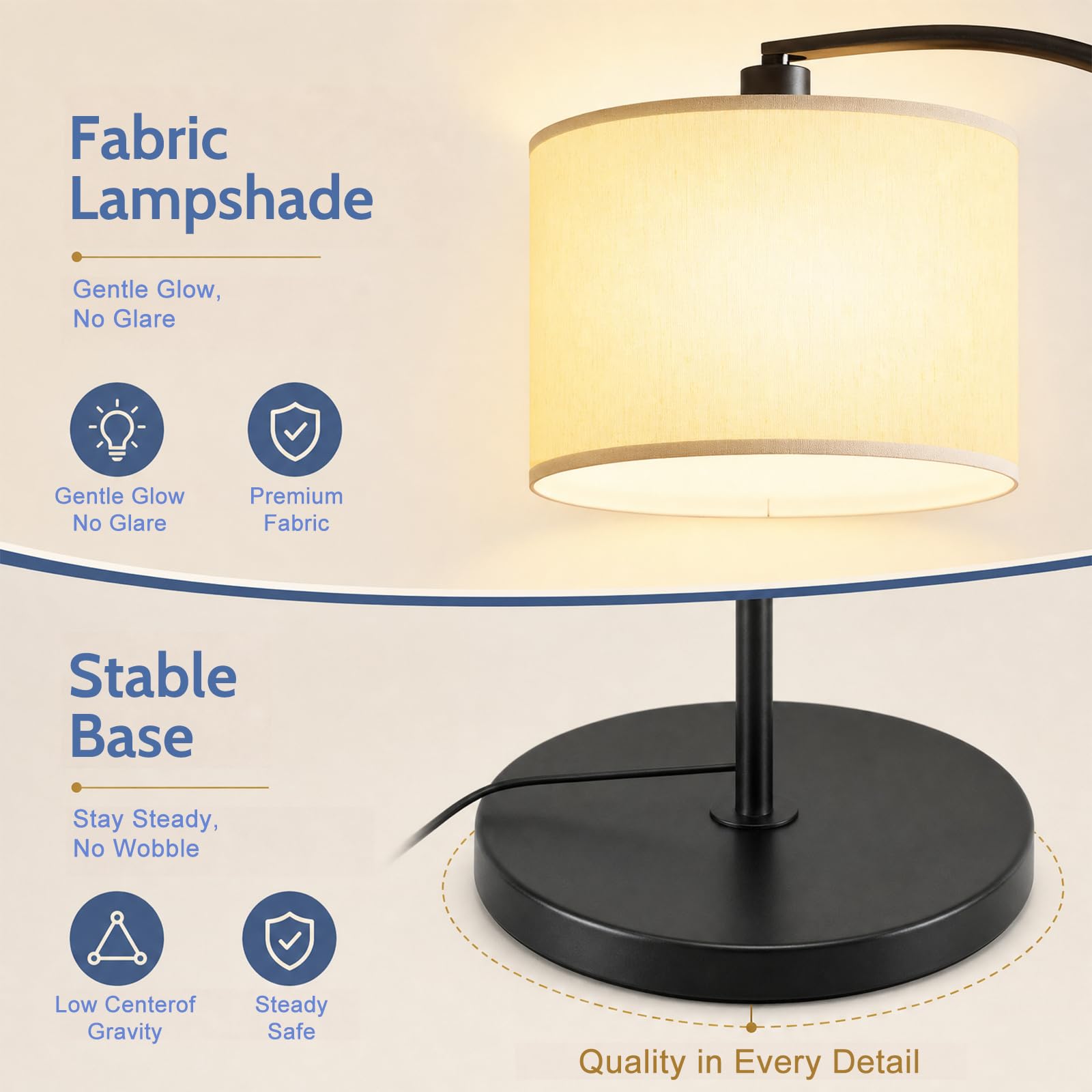 Stehlampe Wohnzimmer, 161cm Bogenlampe, 270°Drehbarer Lampenkopf mit Verstellem Beigen Leinen-Lampenschirm & Fußschalter, Leselampe Stehleuchte für Wohnzimmer, mit 12W Dreifarben (Schwarz)