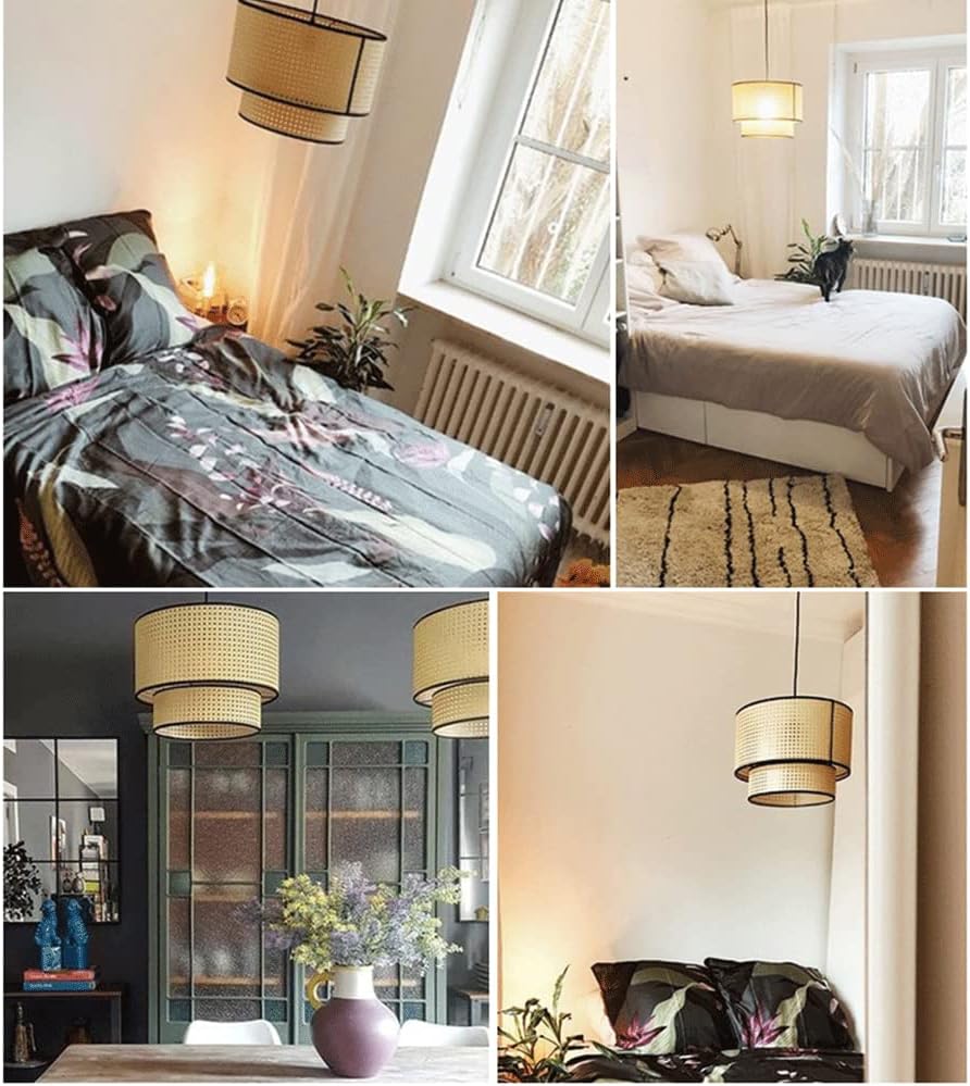 Rustic Boho Rattan Woven Home Chaner Bamboo Rattan Cage Basket Hanging Light Over Dining Table Hallway Farmhouse Retro Wicker Woven Light Fixtures for Dining Room Kitchen Island Cafe