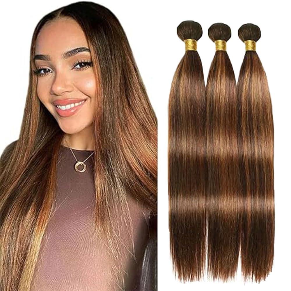 P4/30 Highlight Brown Bundles Human Hair 22 24 26 Inch Straight P4/30 Highlight Human Hair Bundles Brown Bundle 300g Total Unprocessed Brazilian Virgin Hair Quick Weave for Black Women