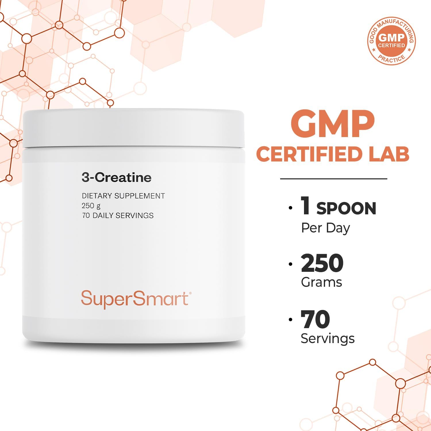 Supersmart - 3-Creatine - with Creatine Monohydrate - Physical Performance & Muscle Stimulator - Increase Faster Post-Exercise Recovery | Non-GMO & Gluten Free - 250 g