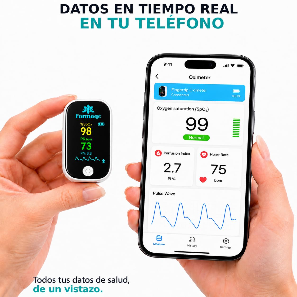 Pulsioxímetro de Dedo FARMAQO Profesional Certificado CE con App Bluetooth iOS Android – Oxímetro Saturómetro SpO2 BPM Pantalla OLED Alta Precisión para Adultos y Niños