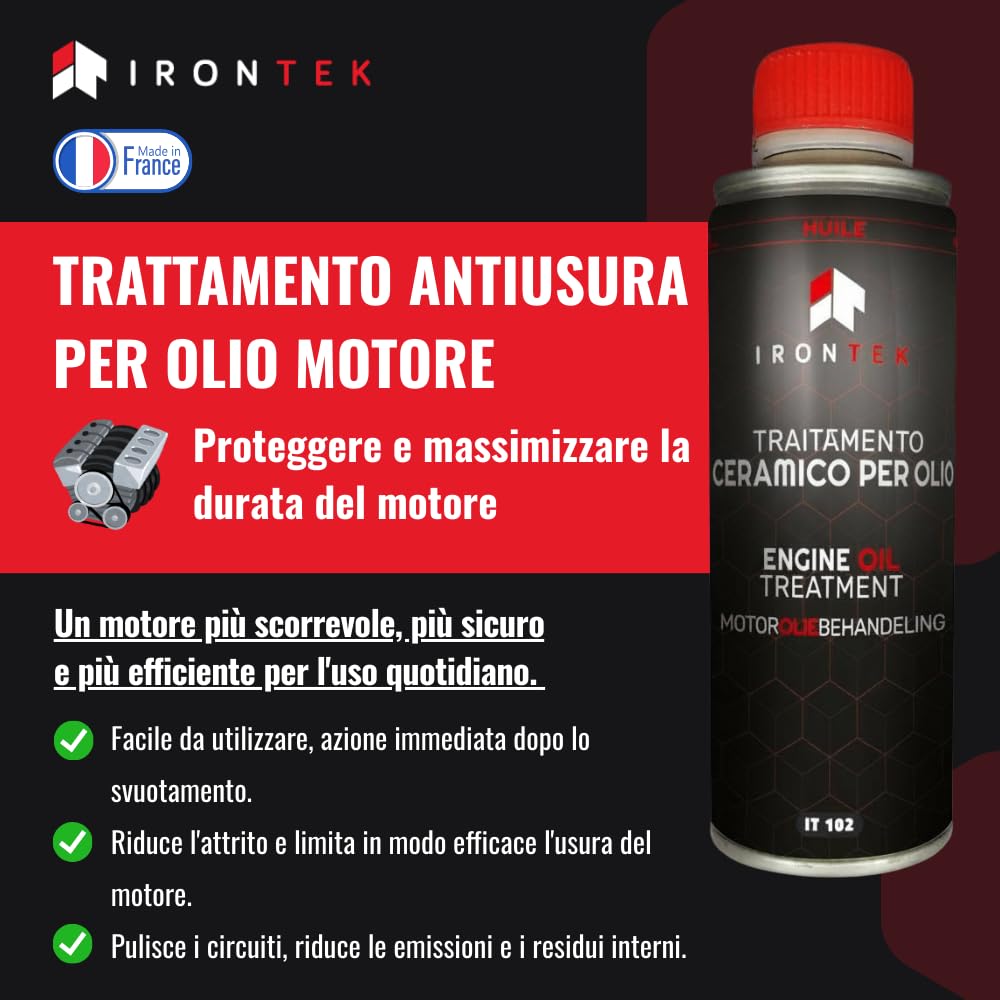 Additivo ceramico per Olio Motori a Benzina e Diesel Olio Motore Ceratec 300ml - IRONTEK | IT102 | Riduce Attrito e Rumore | Compatibile Benzina e Diesel | Motore Silenzioso | Additivo Olio Motore
