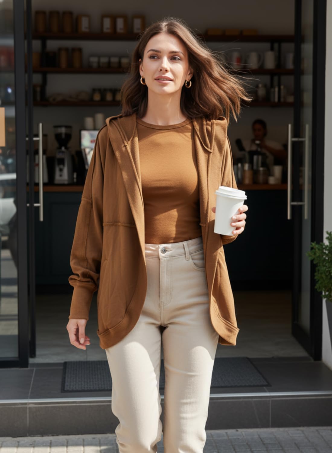 Womens Oversized Cardigan Hooded Open Front Sweatshirt Drop Shoulder Long Sleeve Fall Jackets with Pockets Khaki - Image 6