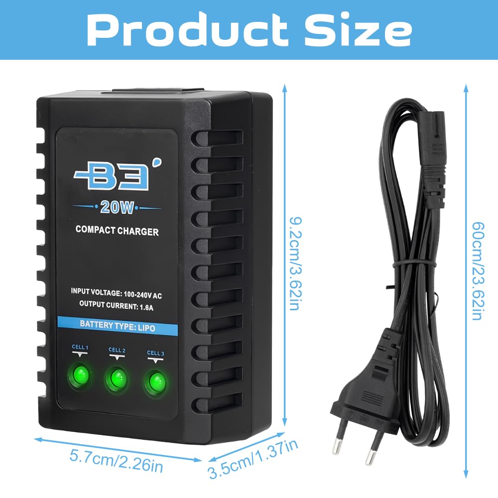 B3 Lipo ładowarka 20 W do akumulatora 2S 3S (7,4 V, 11,1 V), Lipo Charger Balancer z wtyczką XH-3P i XH-4P, 1600 mA RC ładowarka do samochodów RC, łodzi, dronów i broni Airsoft