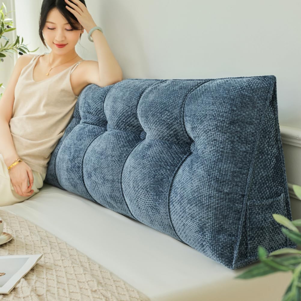 Large Reading Wedge Pillow,Velvet Headboard Cushion Triangular Backrest,Solid Color Bed Rest Bolster Daybed Bunk Bed Dorm Cushion with Removable Cover,Blue,Full(47.2"/120cm)