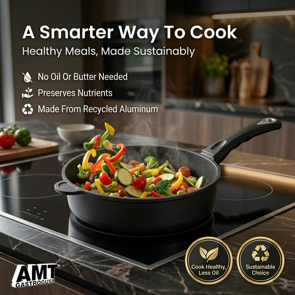 AMT Gastroguss The World’s [.] Casserole Frying Pan, 9.5 inch, 2.8 inch deep, Die-Cast Aluminum Skillet, Non-Induction Stovetop, Lotan® Non-Stick Coating, Deep Skillet, Chef Pan, AMZN-724-US