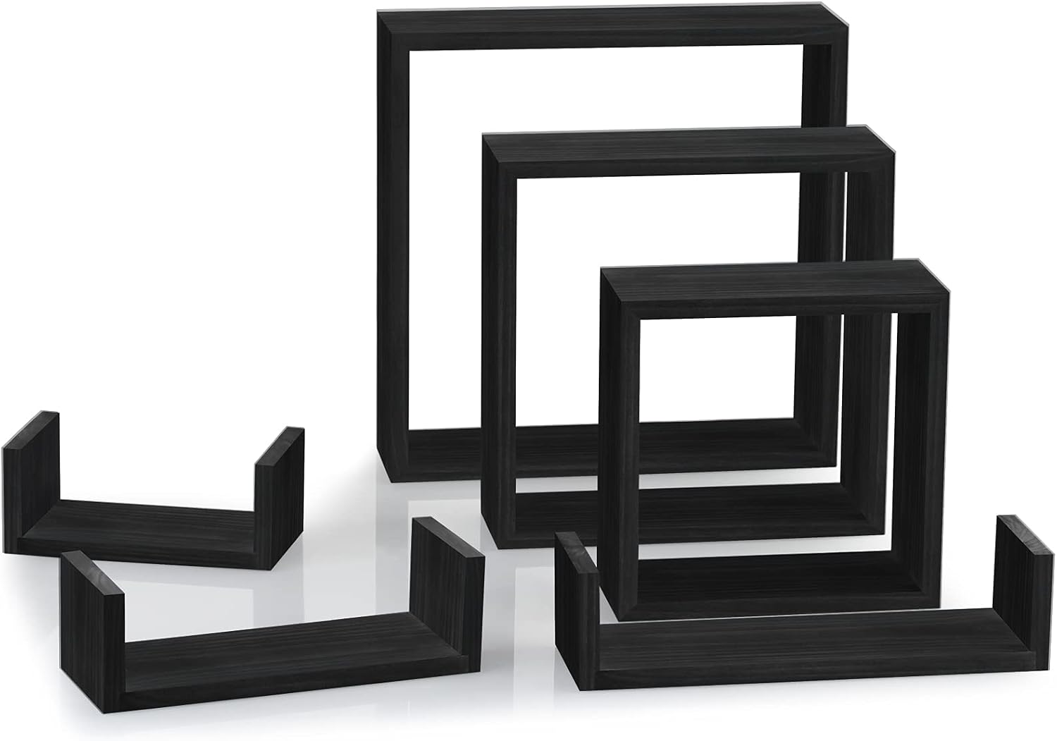 RR ROUND RICH DESIGN Floating Shelves Set of 6 - Rustic Wood Wall Shelves with 3 Small U Shelve and 3 Square Boxes for Free Grouping Black