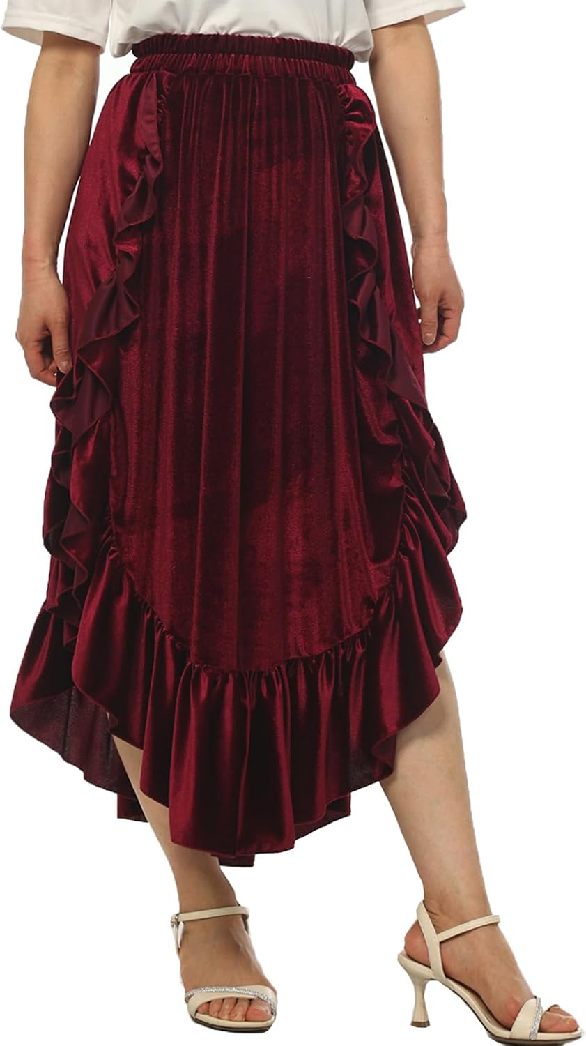 Women’s Vintage Midi Skirt, Elastic Waist High Low Ruffle Skirt for Renaissance Fairs Holidays Costume