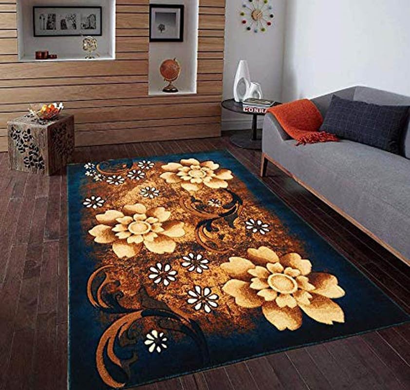 Image of Soft Thick Geometric Acrylic Washable Anti Skid Carpet. for Living Room Bedroom. Hall Size 6 x 8 feet (150X210 Cm) Blue D36