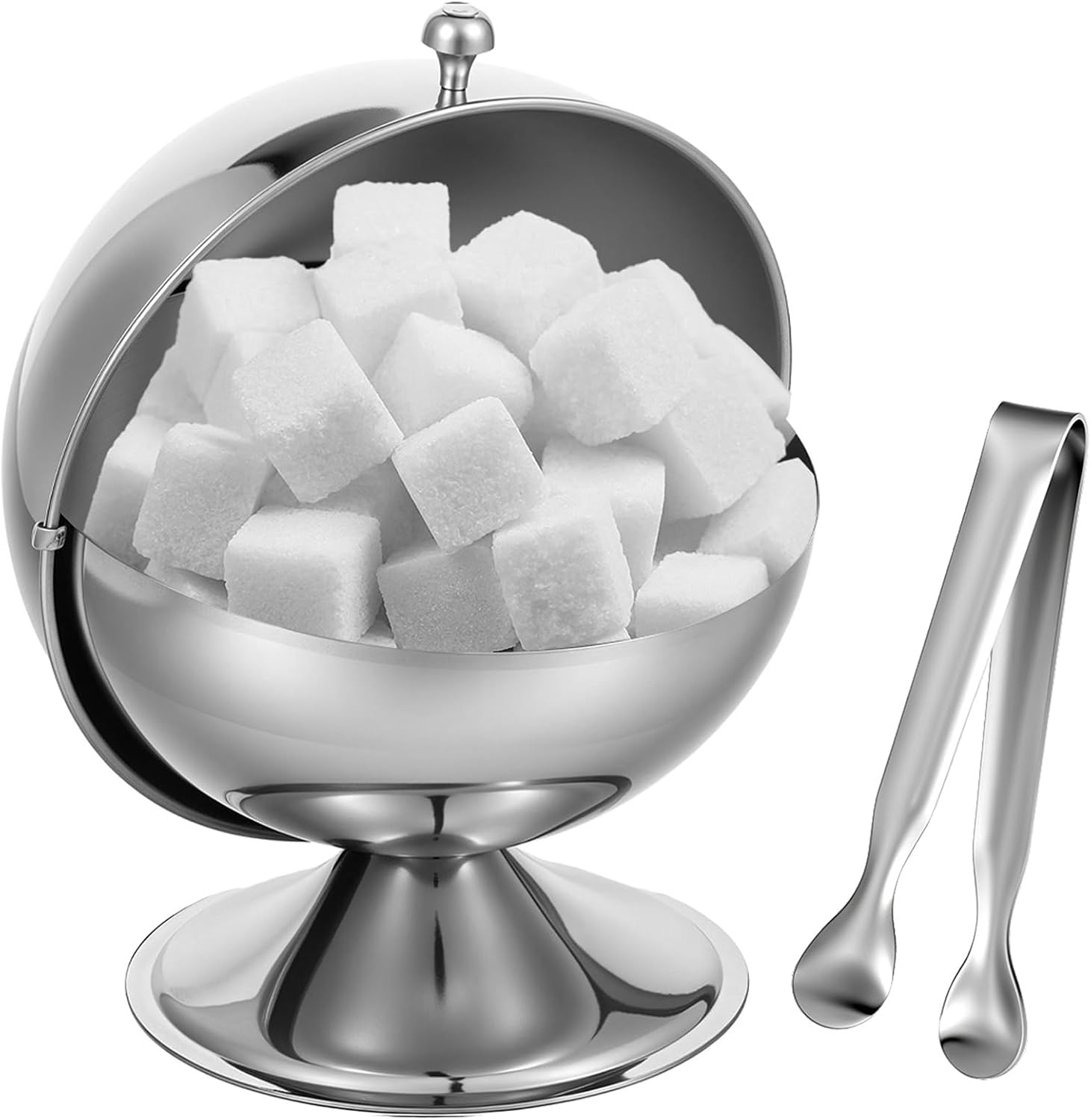 Stainless Steel Sugar Bowl with Roll Top, Stainless Steel Spherical Candies Bowl with 4.33 Inch Sugar Tong, Sugar Cube Holder, Candy Jar Cookies Mints Holder Bowl for Home Kitchen, Office, Parties