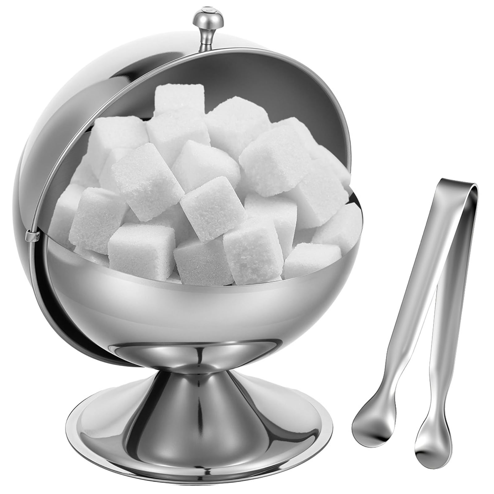 Sucrier en acier inoxydable avec couvercle enroulable - Bol à bonbons sphérique en acier inoxydable avec pince à sucre de 11,9 cm - Support de cube de sucre - Pot à bonbons - Pour la maison, la