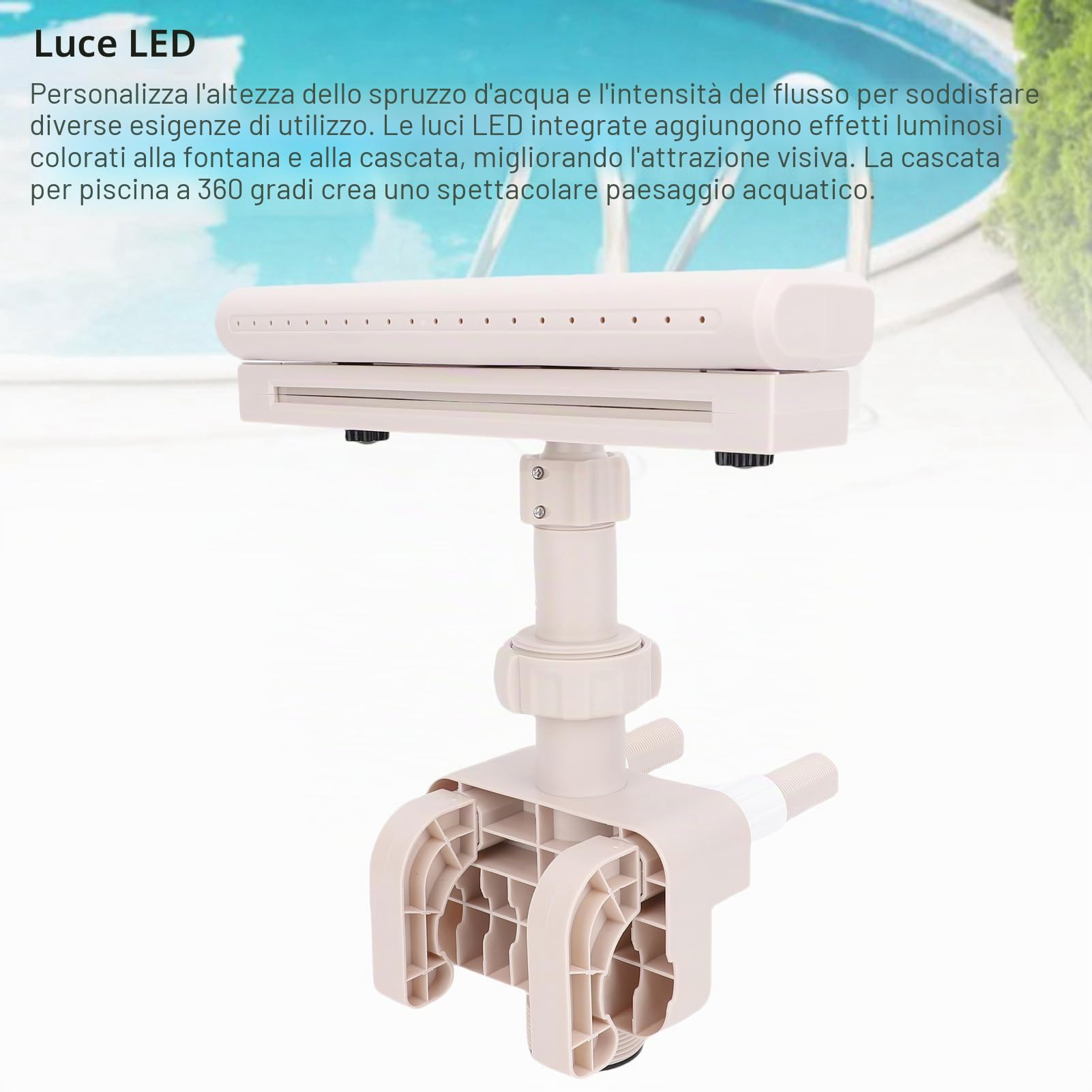 Tnfeeon Fontana per Piscina Fuori Terra con Luci a LED, Cascata, Spruzzo Rotante a 360 Gradi, Decorazione per Piscine Esterne, Materiale in PVC, 31,5x45 cm