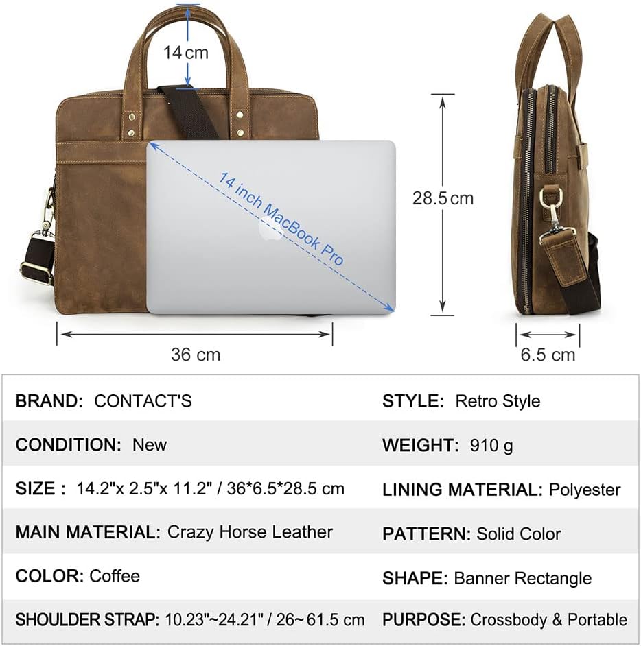 Contacts Laptop Bag Leather Messenger Bag for Men Vintage Computer Briefcases Travel Satchel Shoulder Handbag Bag - Image 3